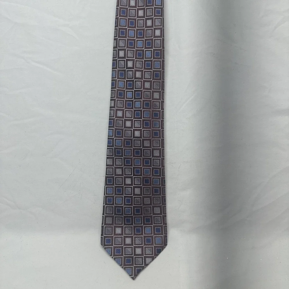 Pronto Uomo Necktie Mens OS Burgundy Blue Silver Geometric Square Silk Hand Made